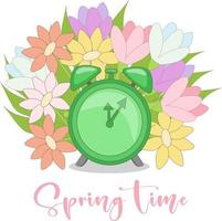 green alarm clock and spring flowers vector