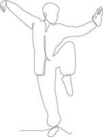 soltero línea dibujo de joven wushu combatiente, kung fu Maestro en uniforme formación Tai chi posturas en dojo centro. luchar. de moda uno línea dibujar diseño vector