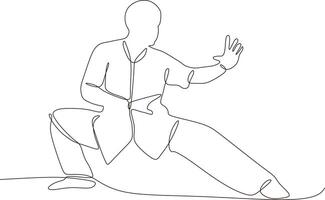 Single line drawing of young wushu fighter, kung fu master in uniform training tai chi stances in dojo center. fight. Trendy one line draw design vector