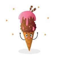 kawaii style ice cream, kawaii cute ice cream, chocolate cream, cone with chocolate ice cream and colored sprinkles vector illustration