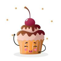 kawaii style cupcake, kawaii cute cupcake, cupcake color vector illustration, cupcake dessert, birthday cupcake