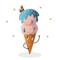 kawaii style ice cream, kawaii cute ice cream, chocolate cream, cone with chocolate ice cream and colored sprinkles vector illustration