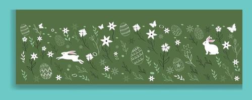 sin costura modelo íconos con Pascua de Resurrección huevos, flores, conejitos y mariposa. vector