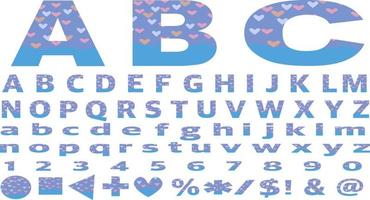 a B C alfabeto amor fuente vector conjunto capital Inglés letras 0-9 número azul rosado corazón forma
