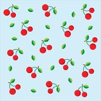 Red and ripe cherry, seamless fruit vector pattern for interior decor and any wrap design. Repeating cherry pattern on light blue surface. Fruity, juicy, wrap repeating vector pattern. Free pattern.