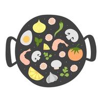 Ingredients for Wok pan. vector doodle flat asian wok symbols set. Vegetables with seafood for menu design.