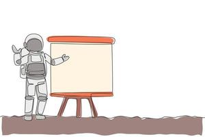 One continuous line drawing of young spaceman on spacesuit gave business presentation in meeting. Astronaut business office with deep space concept. Dynamic single line draw design vector illustration