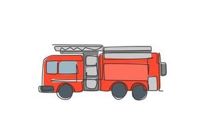 Single one line drawing of firetruck with rescue ladder and nozzle. Fire engine as firefighter apparatus isolated doodle minimal concept. Trendy continuous line draw design graphic vector illustration