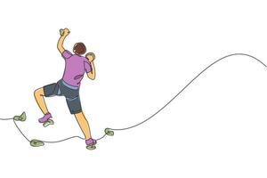 dibujo de una sola línea continua de un joven escalador musculoso escalando colgado en el agarre de la montaña. estilo de vida activo al aire libre y concepto de escalada en roca. ilustración de vector de diseño de dibujo de una línea de moda
