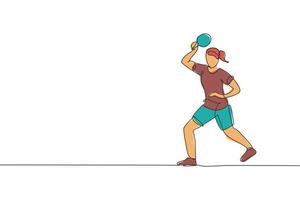 un dibujo de línea continua de una joven jugadora de tenis de mesa que devuelve la pelota al rival. concepto de deporte competitivo. ilustración vectorial de diseño de dibujo de una sola línea para el cartel del campeonato de ping pong vector