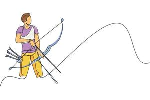 One single line drawing of young archer man focus exercising archery to hit the target vector illustration graphic. Healthy refresh shooting with bow sport concept. Modern continuous line draw design