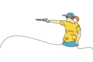 One single line drawing young woman practicing to shot target in range on shooting training ground vector graphic illustration. Clay pigeon shooting sport concept. Modern continuous line draw design