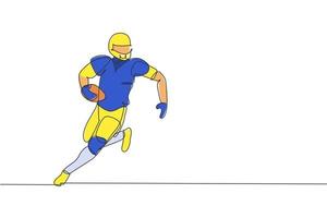 One continuous line drawing of young happy american football player running fast to avoid opponents for competition poster. Sport teamwork concept. Dynamic single line draw design vector illustration