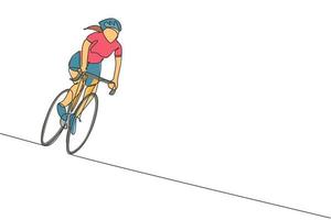 One single line drawing young energetic woman bicycle racer race at cycling track graphic vector illustration. Racing cyclist concept. Modern continuous line draw design for cycling tournament banner