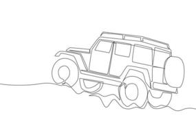 Single line drawing of tough 4x4 speed trail jeep car. Adventure offroad rally vehicle transportation concept. One continuous line draw design vector