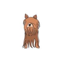 un dibujo de línea continua de un lindo perro yorkshire terrier para la identidad del logotipo de la empresa. concepto de mascota de perro de raza pura para el icono de mascota amigable con el pedigrí. Ilustración de vector de diseño de dibujo de línea única moderna