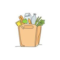 un dibujo de una sola línea de verduras frescas, leche, lechuga, zanahoria y pan ilustración gráfica vectorial. concepto de insignia de alimentos básicos diarios. diseño de tienda de comestibles de dibujo de línea continua moderna vector