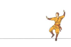 un dibujo de una sola línea joven enérgico monje shaolin hombre ejercicio kung fu luchando en la ilustración gráfica del vector del templo. antiguo concepto de deporte de arte marcial chino. diseño moderno de dibujo de línea continua