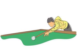 One single line drawing of young handsome man playing pool billiards at billiard room vector illustration graphic. Indoor sport recreational game concept. Modern continuous line draw design