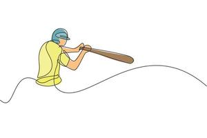 un dibujo de una sola línea de la práctica de un joven jugador de béisbol enérgico para golpear la ilustración vectorial de la pelota. concepto de entrenamiento deportivo. diseño moderno de dibujo de línea continua para la pancarta del torneo de béisbol vector