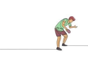 un dibujo de una sola línea de un joven enérgico jugador de tenis de mesa que entrena para servir a la pelota ilustración vectorial. concepto de entrenamiento deportivo. diseño moderno de dibujo de línea continua para el banner del torneo de ping pong vector