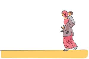 un dibujo de una sola línea de una joven madre árabe hablando con su hijo mientras continúa la ilustración vectorial a cuestas. feliz concepto de crianza de los hijos de la familia musulmana islámica. diseño moderno de dibujo de línea continua vector