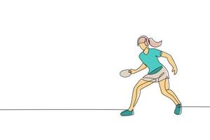 dibujo de una sola línea continua de una joven jugadora de tenis de mesa ágil que sostiene la pelota. concepto de ejercicio deportivo. ilustración vectorial de diseño de dibujo de una línea de moda para los medios de promoción del torneo de ping pong vector