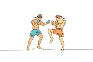 One single line drawing of two young energetic muay thai fighter men sparring fight at gym fitness center vector illustration. Combative thai boxing sport concept. Modern continuous line draw design