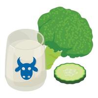 sano nutrición icono isométrica vector. Leche vaso brócoli y Pepino rebanada vector