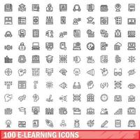 100 e-learning icons set, outline style vector