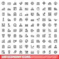 100 conjunto de iconos de economía, estilo de esquema vector