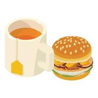 Breakfast icon isometric vector. Tea cup and hamburger with meat and mushroom vector