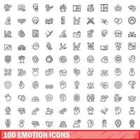 100 emotion icons set, outline style vector