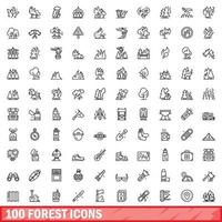 100 forest icons set, outline style vector