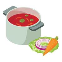 First dish icon isometric vector. Vegetable soup onion ring carrot cabbage leaf vector