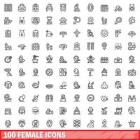 100 female icons set, outline style vector