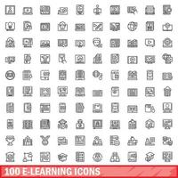 100 e-learning icons set, outline style vector