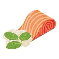 Sea food icon isometric vector. Red fish piece mayonnaise strip and spinach icon vector