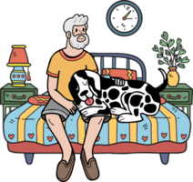 hand dragen äldre man Sammanträde med dalmatian hund illustration i klotter stil png