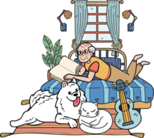 Hand Drawn Elderly reading books with dogs and cats illustration in doodle style png