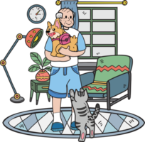 Hand Drawn Elderly play with dogs and cats illustration in doodle style png