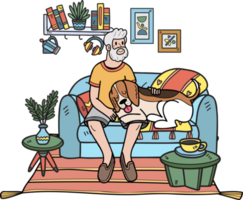 Hand Drawn Elderly man sitting with Beagle Dog illustration in doodle style png