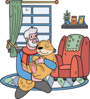 Hand Drawn Elderly man sitting with Shiba Inu Dog illustration in doodle style png