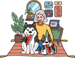 Hand Drawn Elderly sitting with the dog illustration in doodle style png