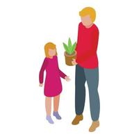 Single father take plant pot icon isometric vector. Man kid vector