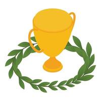 Award cup icon isometric vector. Traditional golden award cup and green branch vector