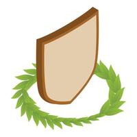 Shield concept icon isometric vector. Triangular shield and green round wreath vector