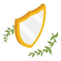 Protection concept icon isometric vector. Shiny triangular shield green branch vector