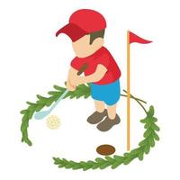 Golfer icon isometric vector. Male character playing golf inside winner wreath vector