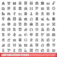 100 vacation icons set, outline style vector